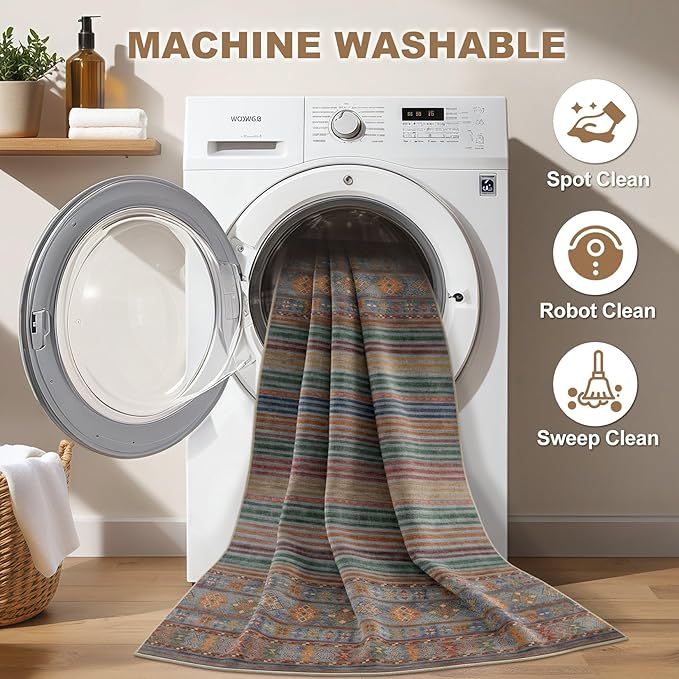 Nakagishi 9X12 Area Rugs Living Room: Washable Large Vintage Rug Neutral Non-Slip Soft Stain Resistant Indoor Carpet for Bedroom Nursery Dining Room Office Playroom - Multi Color
