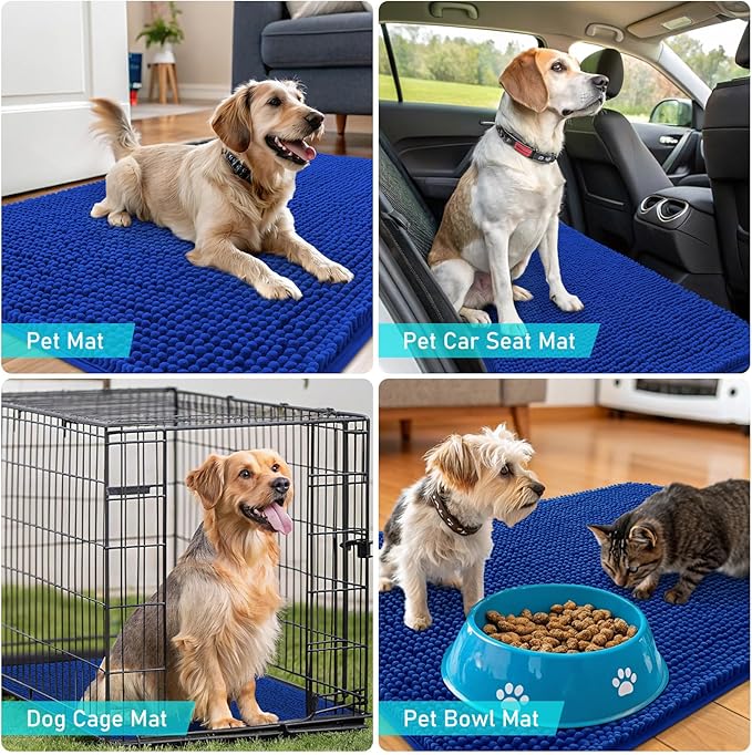 OLANLY Dog Door Mat for Muddy Paws 34x21, Absorbs Moisture and Dirt, Absorbent Non-Slip Washable Doormat, Quick Dry Chenille Mud Mat for Dogs, Entry Indoor Entryway Carpet for Inside Floor, Royal Blue
