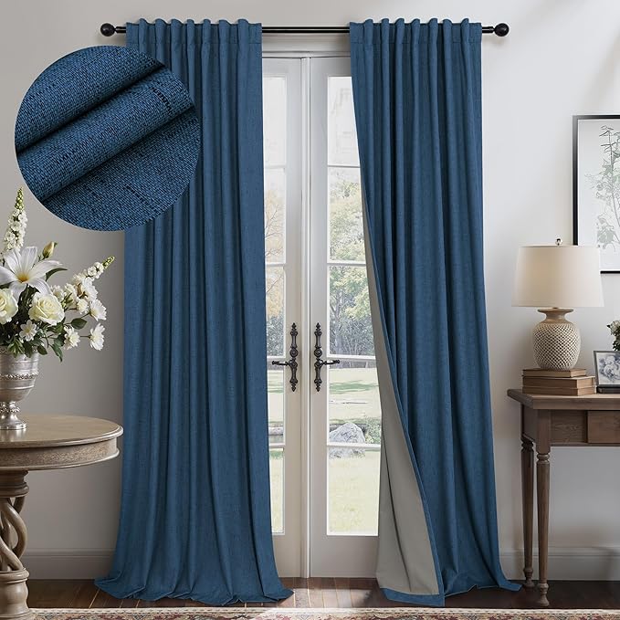 Navy Blue Curtains 108 Inches Long 2 Panel Faux Linen Nautical Modern Farmhouse Blackout Curtain for Bedroom Dining Living Room Divider Drapes Sun Heat Light Blocking Ceiling to Floor Length Dark Blue
