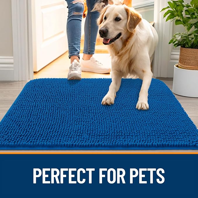 OLANLY Dog Door Mat for Muddy Paws 47x24, Absorbs Moisture and Dirt, Absorbent Non-Slip Washable Doormat, Quick Dry Chenille Mud Mat, Entry Indoor Entryway Carpet for Inside Floor, Deep Navy Blue
