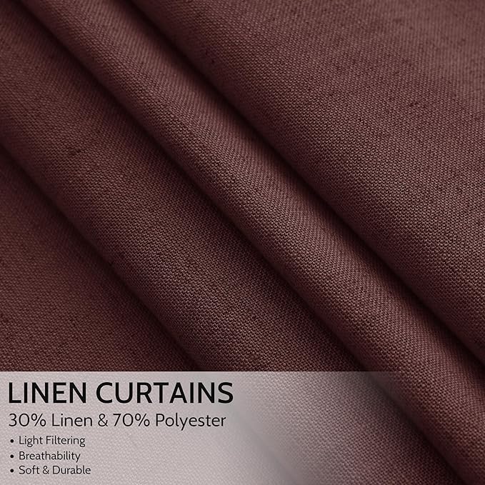 Reddish Brown Linen Curtains 72 Inch Long for Living Room Bedroom Lightweight Door Drapes 2 Panels Set, Semi Sheer Light Filtering Back Tab or Rod Pocket Curtain,52x72
