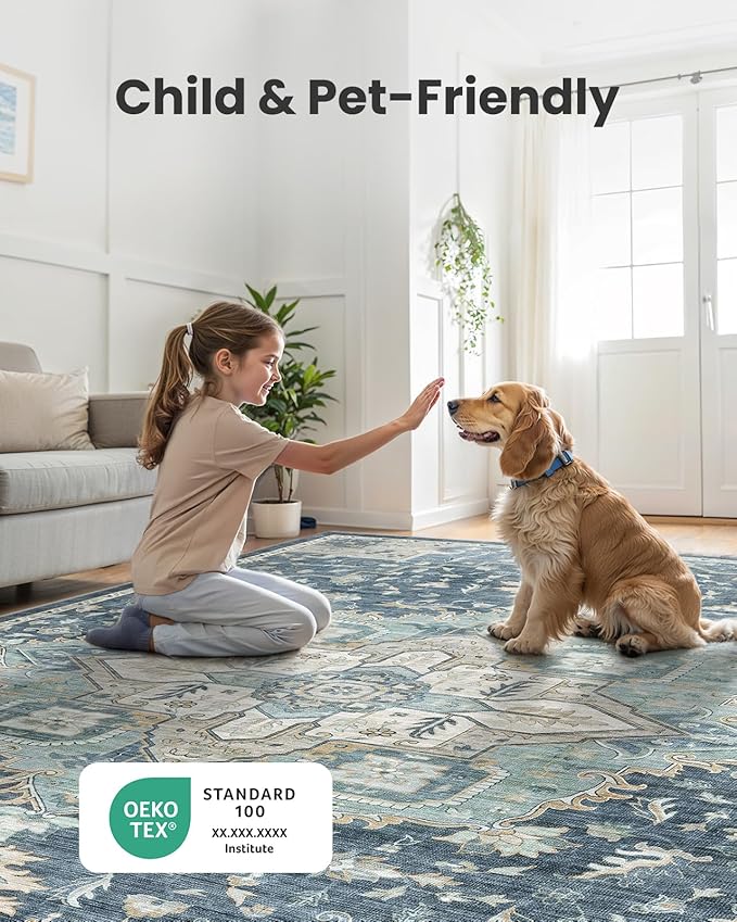 AMADA HOMEFURNISHING 6x9 Area Rugs, Blue Low-Profile Washable Rug with Non-Slip Backing & Durable Edge Binding, Vintage Rugs for Living Room, Bedroom, Dinning Room