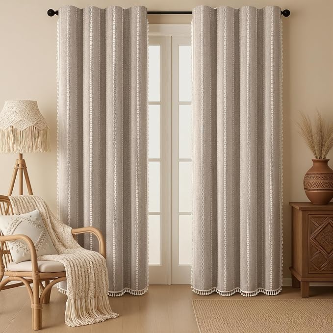 Brown Boho Blackout Curtains 2 Panels 84 Inch for Living Room Bedroom, Warm Taupe Linen Texture Farmhouse Curtains with Tassels and White Cotton Embroidery Vintage Rustic Country Western