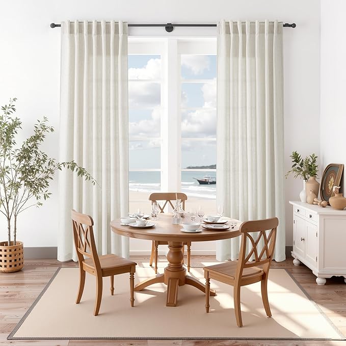 Nanspring Mousse White Linen Curtains 96 Inches Long for Living Room Simple Modern Luxury Light Filtering Semi Sheer Curtain Back Tab Neutral Coastal Decor Drapes for Bedroom Office 52x96, 2 Panels