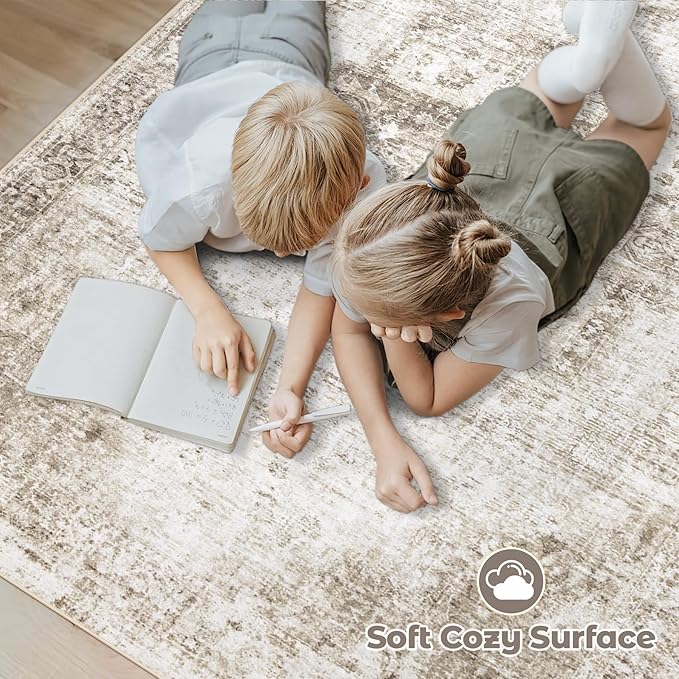 Area Rug 5x7 Washable Rug, Vintage Boho Medallion Rugs Non-Slip Soft Low Pile Large Distressed Rug Indoor Retro Carpet for Living Room Bedroom Dining Room Home Office (Taupe, 5'x7')