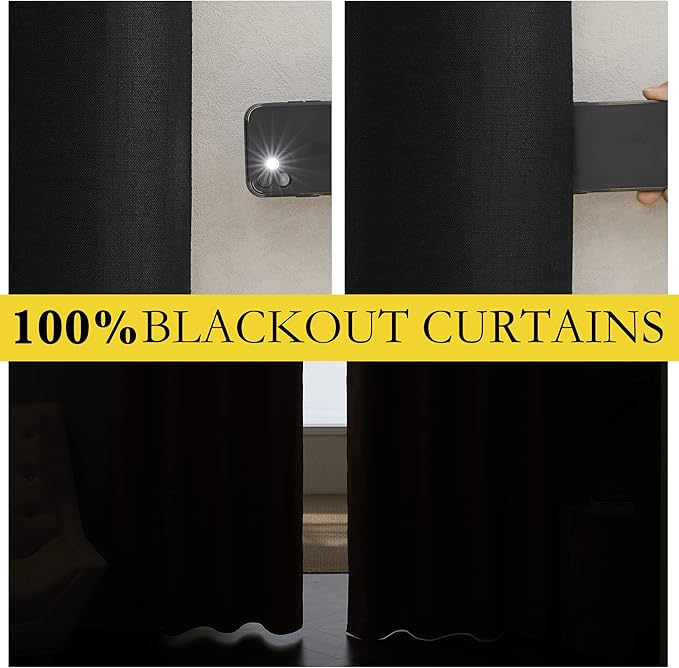 NICETOWN Vintage Open Linen Weave Flax Thermal Curtains, 100% Blackout Curtains 80 inches Long for Dining Room, Soundproof Window Treatment Drapes for Hall Room, Black, 34" Wide Per Panel, Set of 2