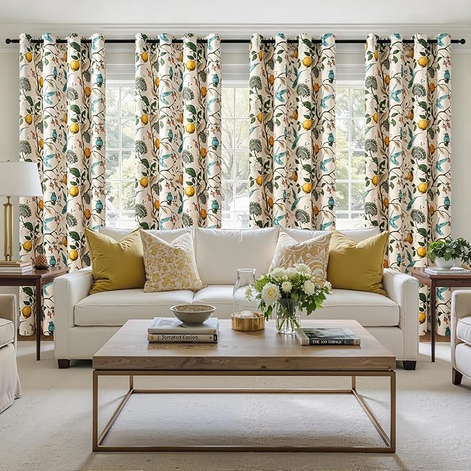 Topfinel Vintage Floral Curtains 72 Inches Long Boho French Country Grommet Botanical Hummingbird Woodland Patterned Lemon Drapes for Bedroom Dining Living Room