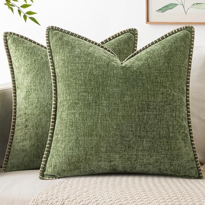 MIULEE Pack of 2 Couch Throw Pillow Covers 20x20 Inch Sage Green Farmhouse Decorative Pillow Covers with Stitched Edge Soft Chenille Solid Dyed Spring Pillow Covers for Sofa Bed Living Room