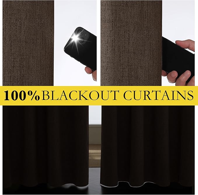 NICETOWN Coffee Vintage Linen 100% Blackout Curtains for Living Room, Thermal Insulated Curtains 108" Long, Noise Reducing Window Treatment Drapes for Hall Room, 52" Wide Per Panel, Set of 2