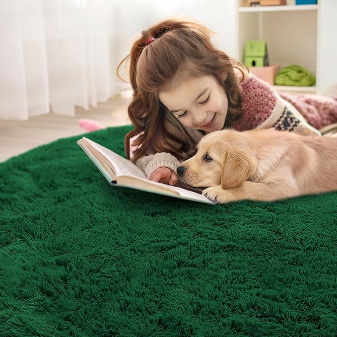 OLANLY Dark Green Round Rugs for Bedroom - Machine Washable, 3 ft Circle Area Rugs for Living Room, Soft and Fluffy Shaggy Carpet for Teen Girls and Boys, Nursery Rooms, Dorms, Home Decor Aesthetic