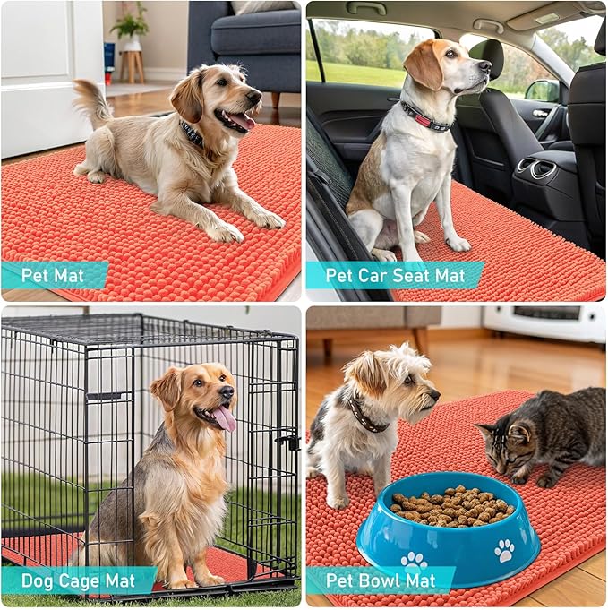 OLANLY Dog Door Mat for Muddy Paws 59x35, Absorbs Moisture and Dirt, Absorbent Non-Slip Washable Doormat, Quick Dry Chenille Mud Mat for Dogs, Entry Indoor Entryway Carpet for Inside Floor, Coral