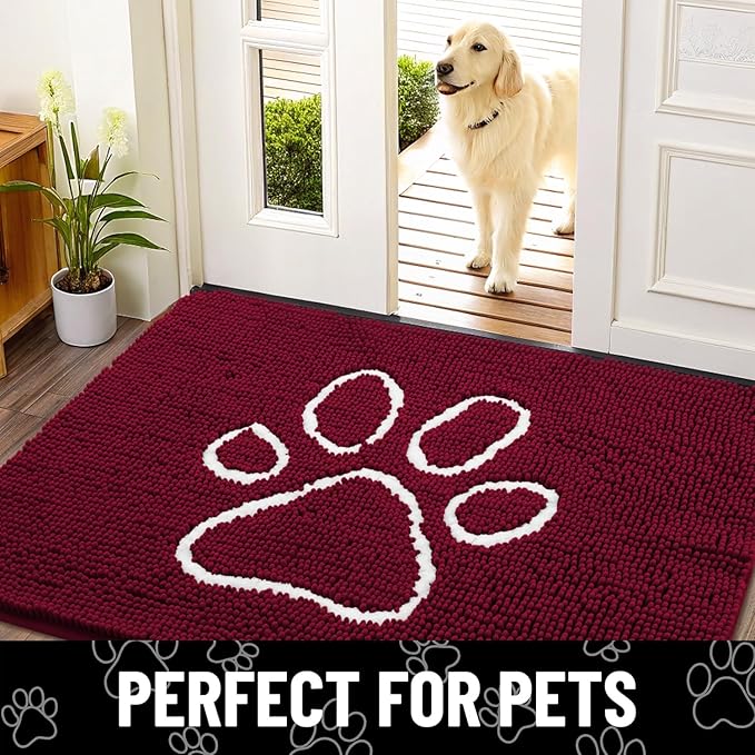 Smiry Dog Door Mat for Muddy Paws, Absorbent Dirt Trapper Non Slip Quick Dry Washable Chenille Mat for Mud Dogs, Entry Rug for Indoor and Outdoor (30x20 Inches, Burgundy and White)
