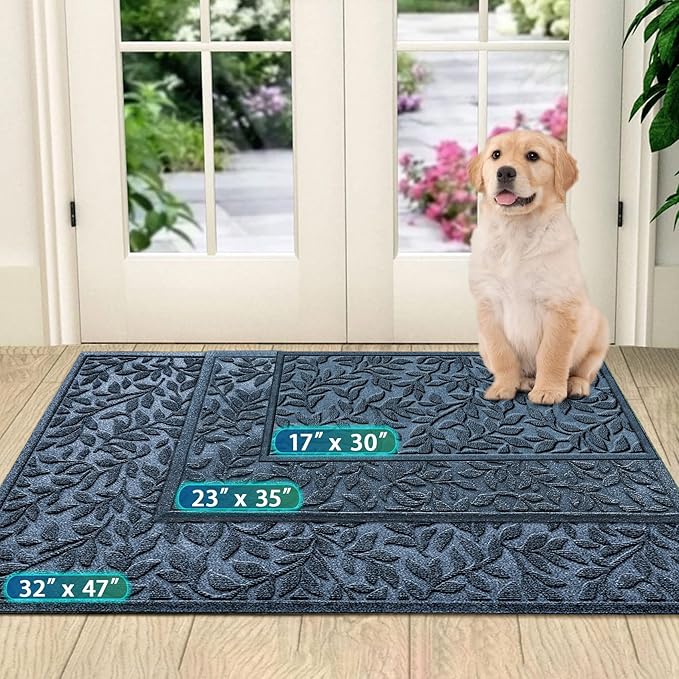 Bulijojo Sturdy Front Entrance Doormats,Durable Heavy Duty Welcome Mat,Thick Absorbent Natural Rubber Non Slip Mat,Easy Clean Entryway Mat Leaves Blue, 47" x 32"