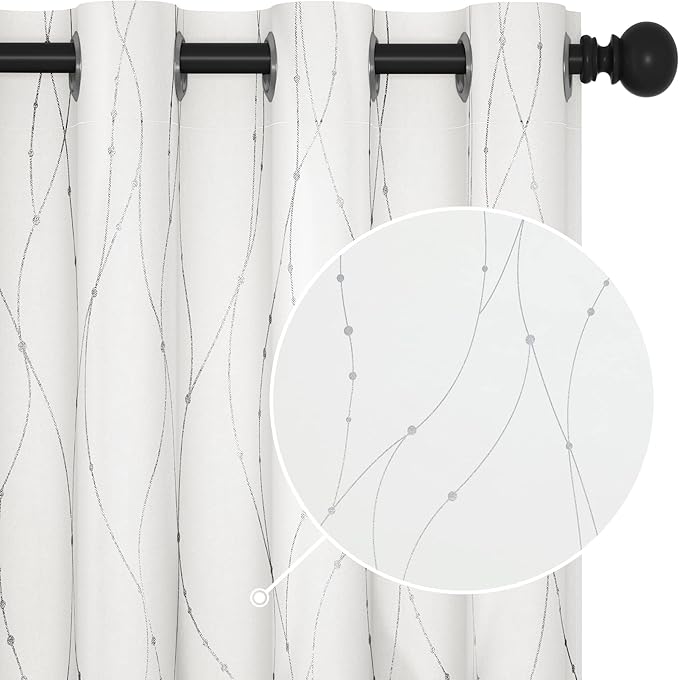 Deconovo White Curtains, Room Darkening Curtain, Thermal Insulated Noise Reduced Drapes, Wave Dots Silver Print, 52 x 84 Inch Long, Grommet Top, Window Panels for Living Room Bedroom Nursery, Set of 2