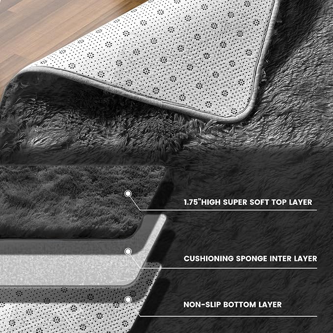 Soft Shag Area Rug for Living Room and Bedroom Decor, 5x7 Feet Solid Gray Non-Slip Indoor Carpet for Kids Boys Girls Dorm Nursery, Large Aesthetic Floor Rug