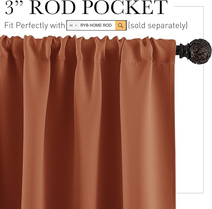 RYB HOME Short Blackout Curtains for Bedroom, Room Darkening Insulated Summer Heat Light UV Blocking Energy Saving Drapes for Nursery, Width 34 by Length 45, Burnt Orange, Set of 2