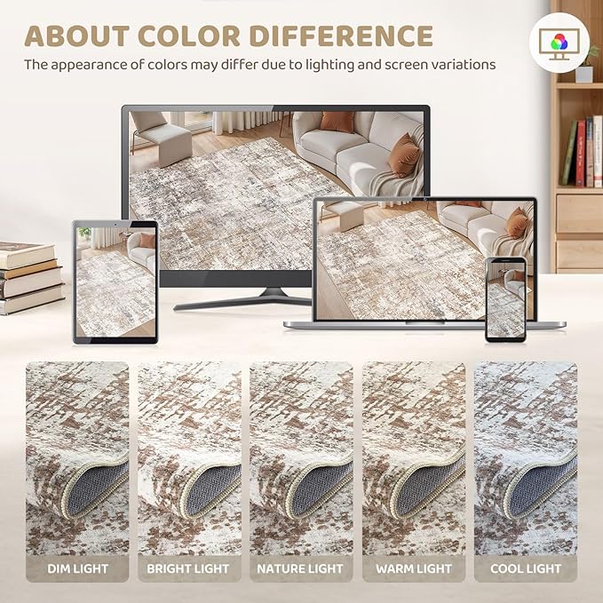 UERMEI 3x5 Area Rug Living Room Rugs - Washable Neutral Modern Abstract Soft Thin Rug Indoor Floor No Slip Rug Carpet for Bedroom Under Dining Table Home Office Decor - Brown/Grey/Red