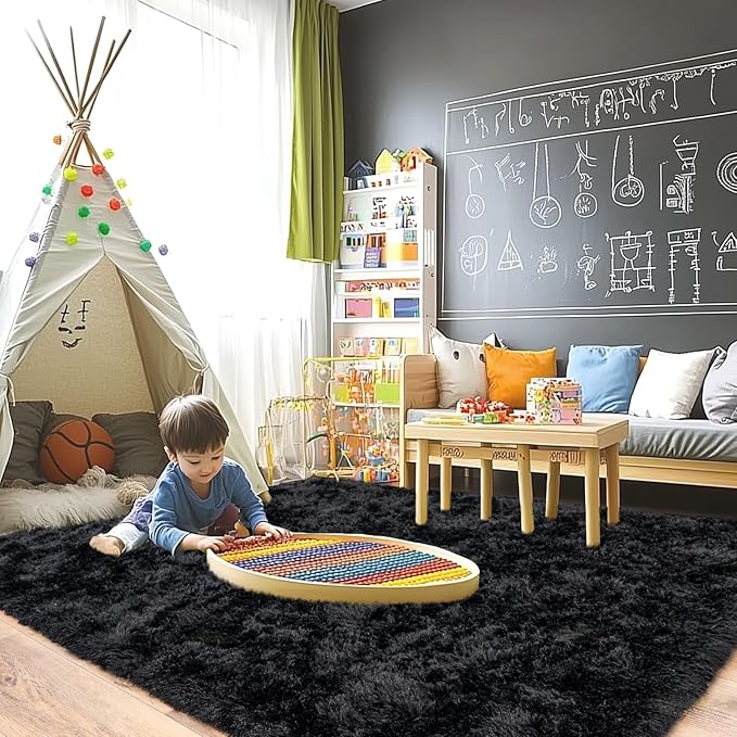 Pionblank Large Rug for Living Room 6x9 Feet, Modern Soft Shag Area Rug, Plush Fuzzy Carpet for Bedroom Girls Boys Room Home Nursery Teens Dorm Decor, Black