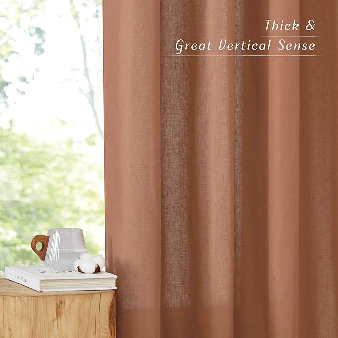 NICETOWN Caramel Linen Curtains for Kitchen, Thick Flax Small Window Treatments Semi Sheer Privacy Assured with Light Through for Cafe/Bathroom, W55 x L94, 2 Panels
