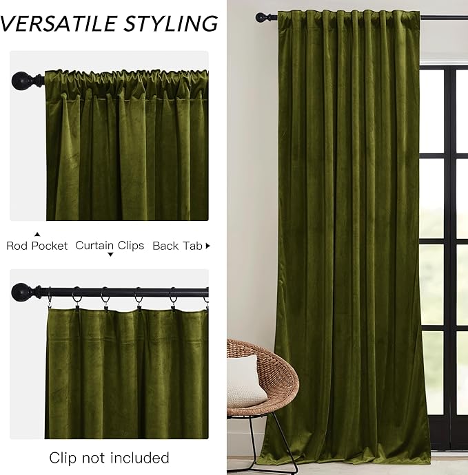 RYB HOME Moss Green Velvet Curtains 72 inches with Hook Belt, Soft Fabric Room Darkening Thermal Insulated Luxurious Home Decor Curtains for Living Room Bedroom, W 42" x L 72", 2 Panels Set
