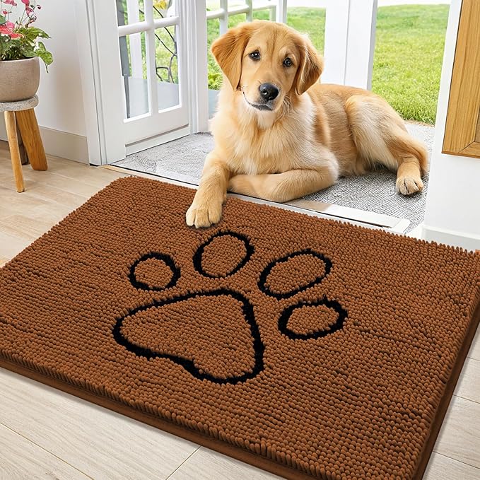 Smiry Dog Door Mat for Muddy Paws, Absorbent Dirt Trapper Non Slip Quick Dry Washable Chenille Mat for Mud Dogs, Entry Rug for Indoor and Outdoor (36x24 Inches, Ochre and Black)