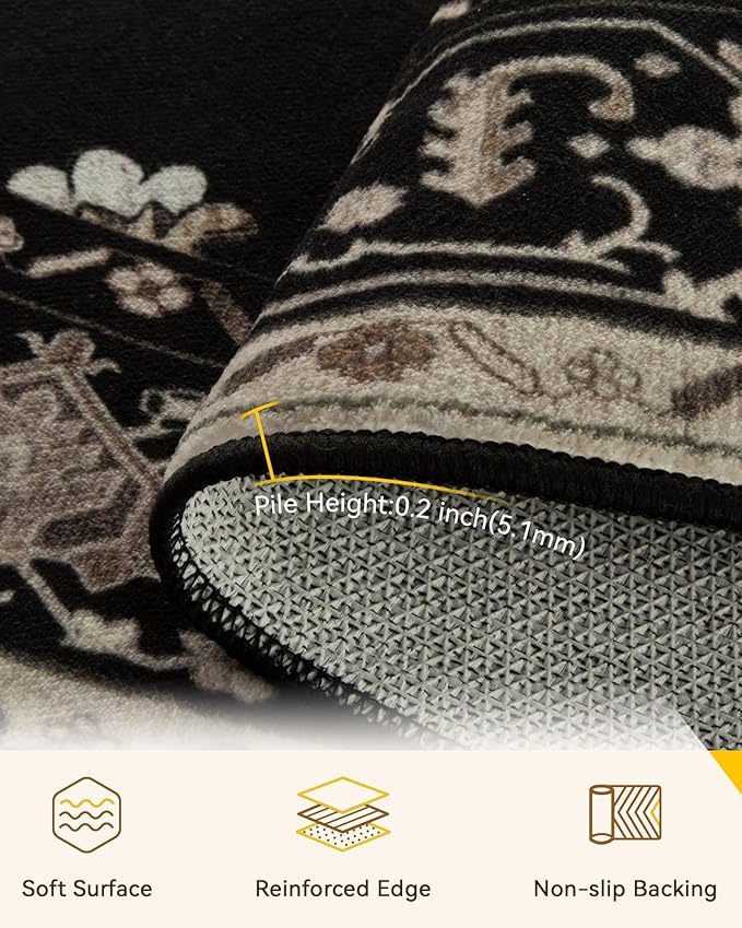 Area Rugs 8ft Washable Non-Slip, Floral Vintage Distress Print Pattern Medallion Carpet for Living Room Bedroom Dining Room, Black Brown Neutral Dark Tan