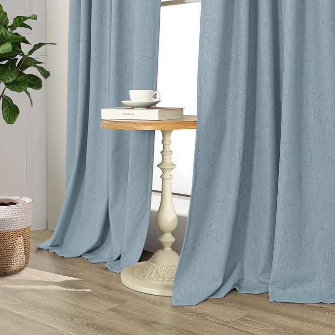 Dusty Blue Blackout Curtains for Nursery 54 Inch Length 2 Panel Chic Linen Look Short Thick Privacy Lightweight Grey Blue Light Blocking Room Darkening Curtain for Kids Bedroom Back Tab Pocket 54 Long