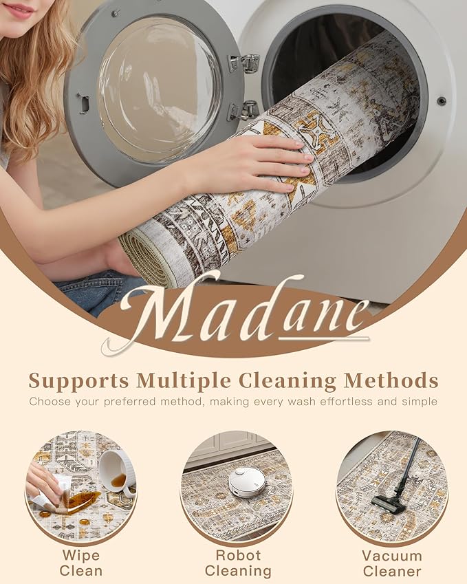 Madane Hallway Runner Rug 2'6''x10' Kitchen Runner, Non Slip Vintage Runners for Hallways Washable Kitchen Rugs Soft Low Pile 2.5x10 ft Rug Runner for Laundry Room, Entryway and Bedroom, Brown/Gold