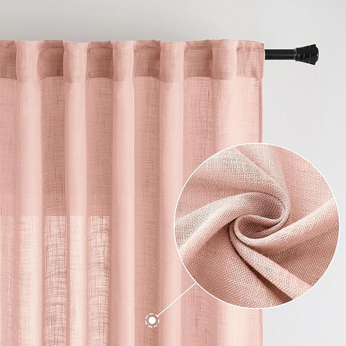 MIULEE Blush Pink Linen Curtains 108 Inches Long 2 Panels for Girls Bedroom Nursery, Soft Thick Linen Textured Window Drapes Semi Sheer Light Filtering Back Tab for Kids Living Room Light Pink Decor