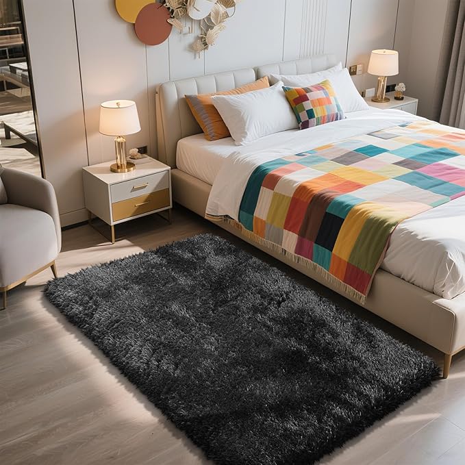 Shag Area Rug for Bedroom 3x5,Black Fluffy Area Rugs for Living Room,Soft Fuzzy Rug Non-Shedding Indoor Plush Carpet for Kids Bedroom Nursery Dorm Home Decor