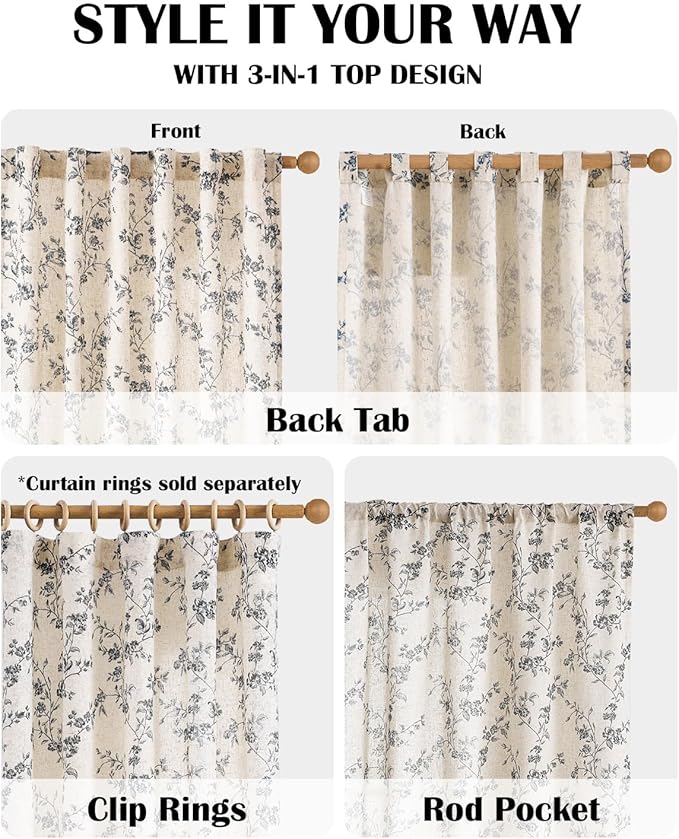Lazzzy Farmhouse Linen Curtains Black Floral Curtains 63 Inch Length Back Tab Drapes for Living Room Bedroom Light Filtering Country Vintage Rod Pocket, 2 Panels, Black on Beige