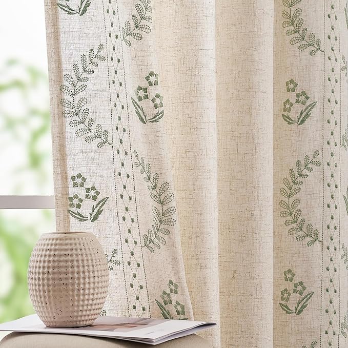 jinchan Belrose 4 Panel Curtains Set 84 Inch Length Floral Curtains Sage Green Embroidered Drapes Farmhouse Flower Patterned Drapes for Living Room Bedroom Window Treatments Set of 4