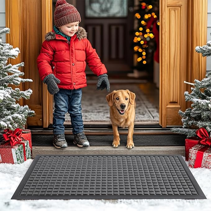 Smiry Front Door Mat Outside Entrance, Heavy Duty Natural Rubber Doormat, Non Slip, Trap Dirt and Moisture, Easy Clean, Low Profile Welcome Floor Mats for Indoor Outdoor Entry, 59x34 Inch, Grey