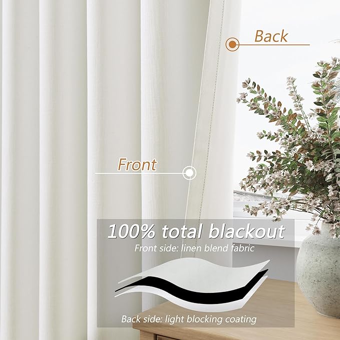 Guken Ivory 100% Blackout Linen Curtains 100 Inch Length 2 Panels Set for Living Room Bedroom Back Tab Rod Pocket Thermal Insulated Black Out Drapes Room Darkening Farmhouse Window Curtains 52x100