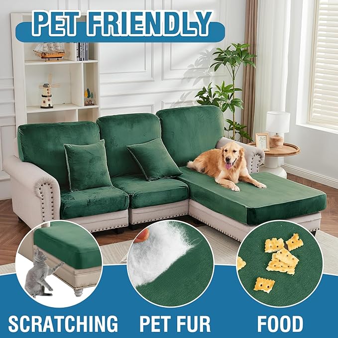 Couch Cover 3-Piece Elastic Velvet Couch Cushion Covers & Chaise Slipcovers for L-Shaped Sofas, Sofa Seat Covers Washable, Soft Cover for Couches (2 Seater + Chaise, Christmas Green)