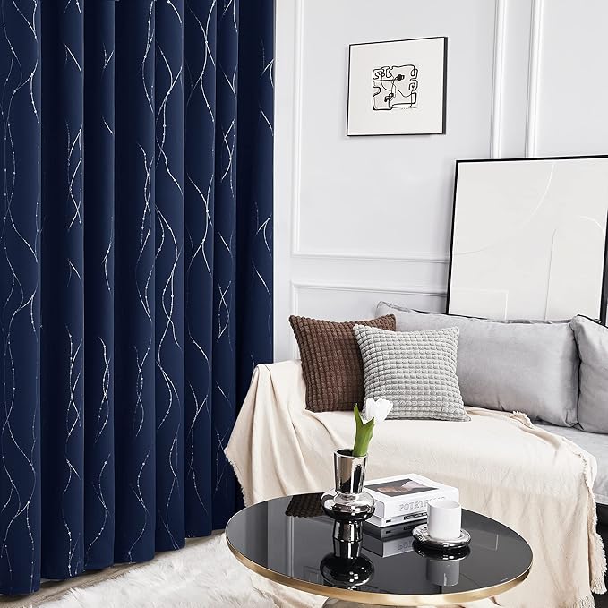 Deconovo Short Kitchen Curtains, Navy Blue Blakcout Curtain 38 x 45 Inch, Thermal Insulated Soundproof Drapes with Silver Wave Dots Prit, Grommet Top, Machine Washable for Nursery Bedroom Living Room
