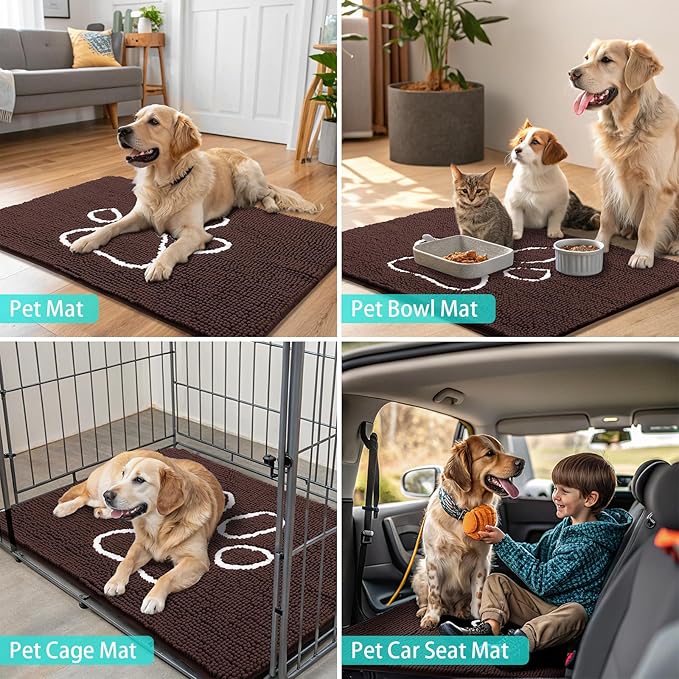 Smiry Dog Door Mat for Muddy Paws, Absorbent Dirt Trapper Non Slip Quick Dry Washable Chenille Mat for Mud Dogs, Entry Rug for Indoor and Outdoor (59x20 Inches, Brown and White)