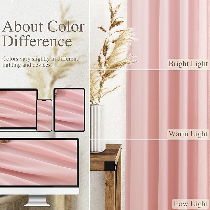 Pink Curtains 63 Inches Long 2 Panel Sets for Baby Girl Bedroom Light Filtering Linen Drapes for Kitchen Windows Rod Pocket Back Tab Short See Through Curtain Home Decor 52x63