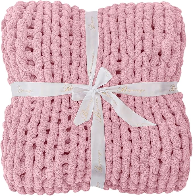 Bigacogo Chunky Knit Throw Blanket for Couch, 40x60 inches, 100% Hand Knitted with Thick Jumbo Chenille Yarn, Cozy Soft Large Rope Knot Cable Crochet Blankets for Sofa Bed Living Room, Blush Pink
