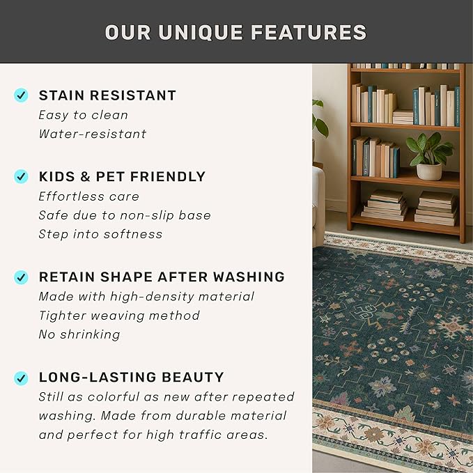 Dark Green Oushak 3x6 Kitchen Rug - Modern Vintage Boho Floral Moody, Washable Low Pile Non-Slip Area Rugs for Large Entryway, Door Mat Indoor Entrance, Kitchen, Bedroom Beside Bed