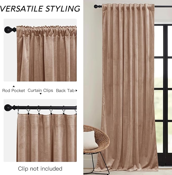 RYB HOME Blush Velvet Curtains 96 inches 2 Panels Set, Thermal Insulated Privacy Protect Decorative Drapes with Hook Tape for Dorm Hotel Room, W 52 x L 96 inches