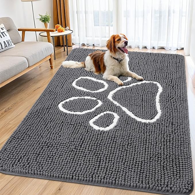 Smiry Dog Door Mat for Muddy Paws, Absorbent Dirt Trapper Non Slip Quick Dry Washable Chenille Mat for Mud Dogs, Entry Rug for Indoor and Outdoor (70x35 Inches, Dark Grey and White)