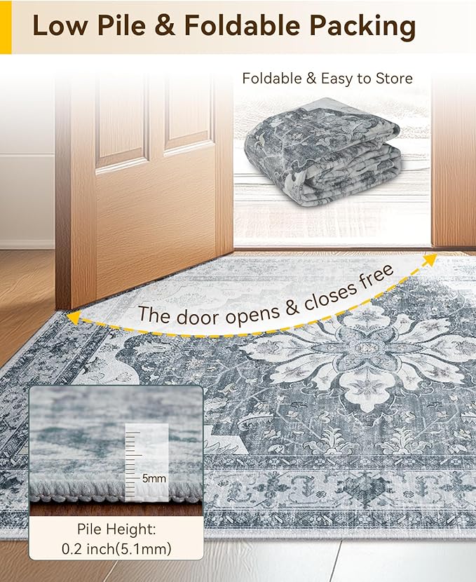 RELEANY Area Rugs 2'x8' Runner Rug Non Slip Washable for Kitchen Hallway Bedroom Beside Laundry Room Bathroom Rug, Floor Carpet, Light Gray Grey White