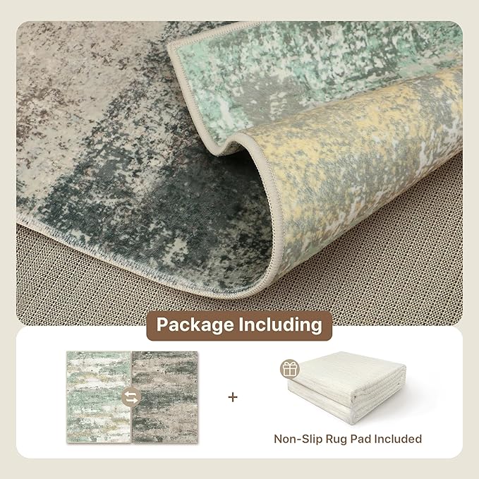 BEIMO Reversible 2x3 Rugs for Entryway Kitchen Bathroom, Modern Abstract Dual-Sided Area Rug, Machine Washable Soft Low Pile Indoor Mats, Includes Non-Slip Rug Pad, Green & Grey
