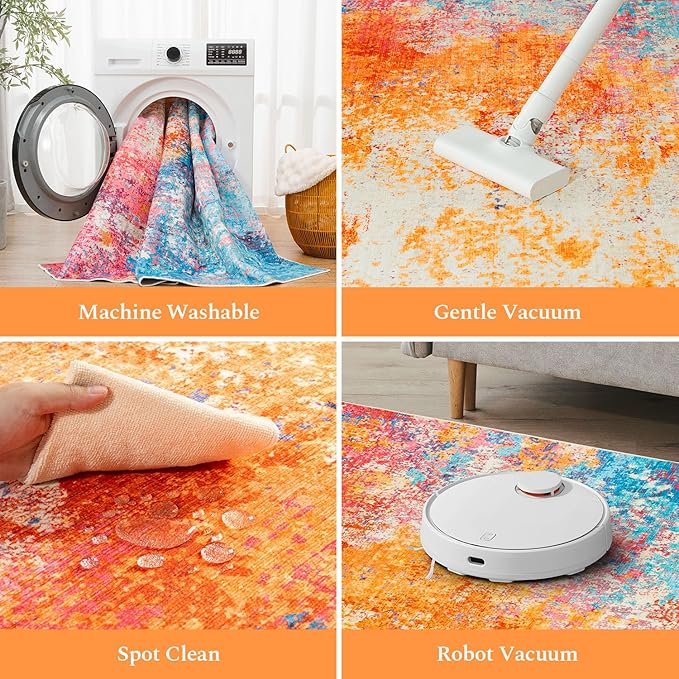 Rugflix 4x6 Area Rugs for Living Room, Washable Large Multicolor Rug Stain-Resistant Low Pile, Modern Carpet for Dining Room Home Office Kid Room Nursery Bedroom, Colorful Rainbow