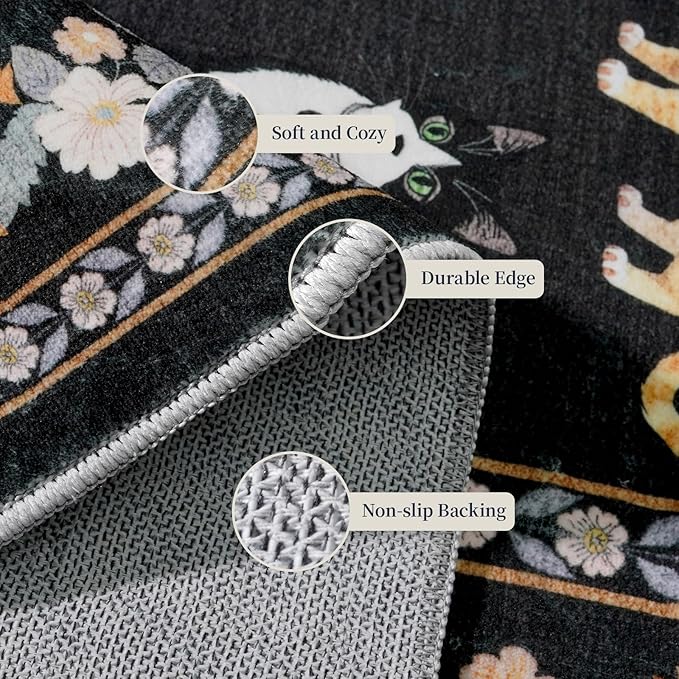 2x5 Washable Kitchen Runner Rug - Soft Low Pile Floral Animal Cat Print Rugs with Non-Slip Backing Waterproof Stain-Resistant Indoor Carpet for Hallway Entryway Bathroom Bedroom (Black)