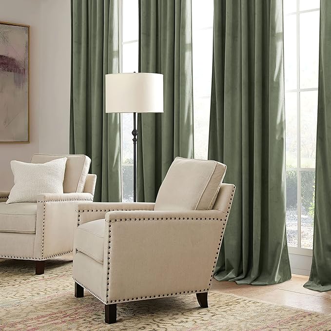 RYB HOME Sage Green Velvet Curtains with Hook Tape, Thermal Insulated Privacy Protect Decorative Drapes for Home Theater, W 62 x L 84 inches, 2 Panels Set