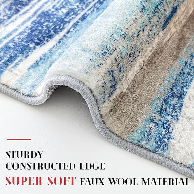Lansny Modern Abstract Runner Rug 2.6x16, Blue Washable Long Kitchen Runner Non-Slip Soft Hallway Rug Runner Thin Print Faux Wool Carpet for Entryway Bedroom Laundry Room Indoor Home Decor