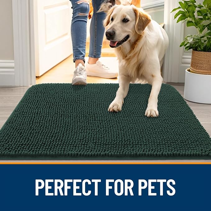 OLANLY Dog Door Mat for Muddy Paws 35x24, Absorbs Moisture and Dirt, Absorbent Non-Slip Washable Doormat, Quick Dry Chenille Mud Mat, Entry Indoor Entryway Carpet for Inside Floor, Blackish Green