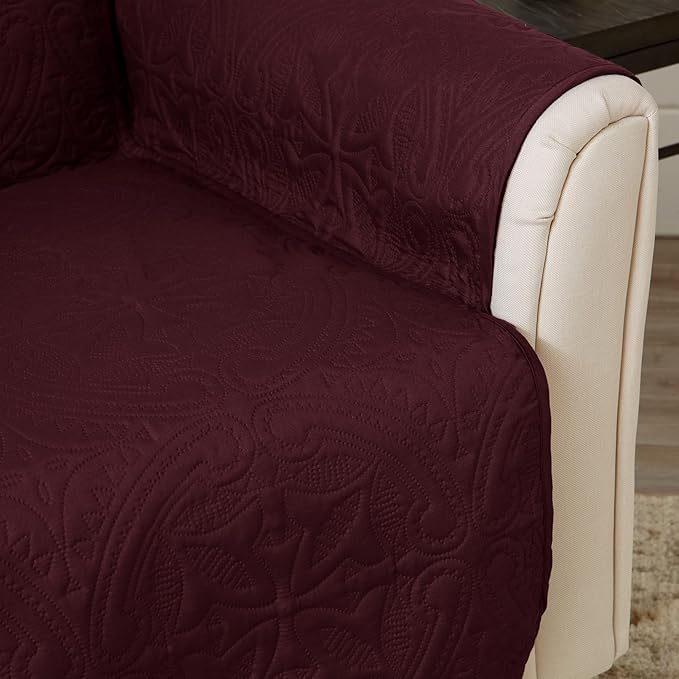 Great Bay Home Reversible Loveseat Cover - Washable Slipcover Furniture Protector with Elastic Straps - Perfect for Kids & Pets - Quilted & Stitched Detail (Wine/Light Grey)